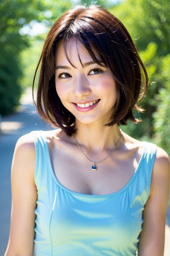 (Best Quality, 8k, 32k, Masterpiece, UHD: 1.2), Cute Japan Woman Pictures, Very Short Bob Hair, Upper Body, Necklace, Simple Background, Look Around, Smiling, Plain Clothes