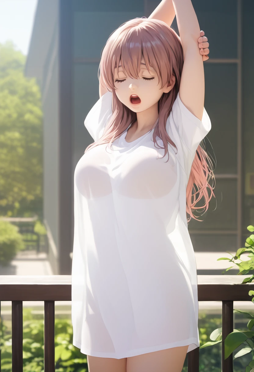 score_9,score_8_up,score_7_up,masterpiece,best quality, source anime, photorealistic, hyperrealistic, 8k,photo,raw,super detailed, extreme detailed, rating_explicit, 
1girl, standing, (arms up, Stretching), Yawning, covering mouth, cowboy shot, 
BREAK girl, shouko nishimiya, 18yo, long hair, pink brown hair, bangs between eyes, brown eyes, (large breasts:0.9),
shiny hair, beautiful detailed eyes, beautiful face,
white long shirt, see through, oversized clothes, (zettai ryouiki:1.4), bare thighs, 
sleepy, (closed eyes:1.2), wide open mouth,
outdoors, Apartment balcony, morning, sunlight,