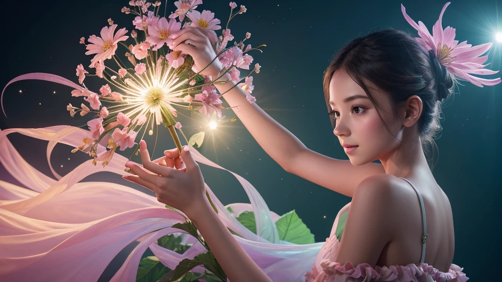 Create a hyper realistic image of a stylized beautiful young girl facing back adorned with colorful hologram colour intricate flower. The figure should have an elegant pose, with one hand reaching towards the flower. The color palette should be soft and pastel-like, with a focus on pinks, golds, and greens to give a luxurious and ethereal feel. ultra HD 64k hyperrealism studio lightning light reflection