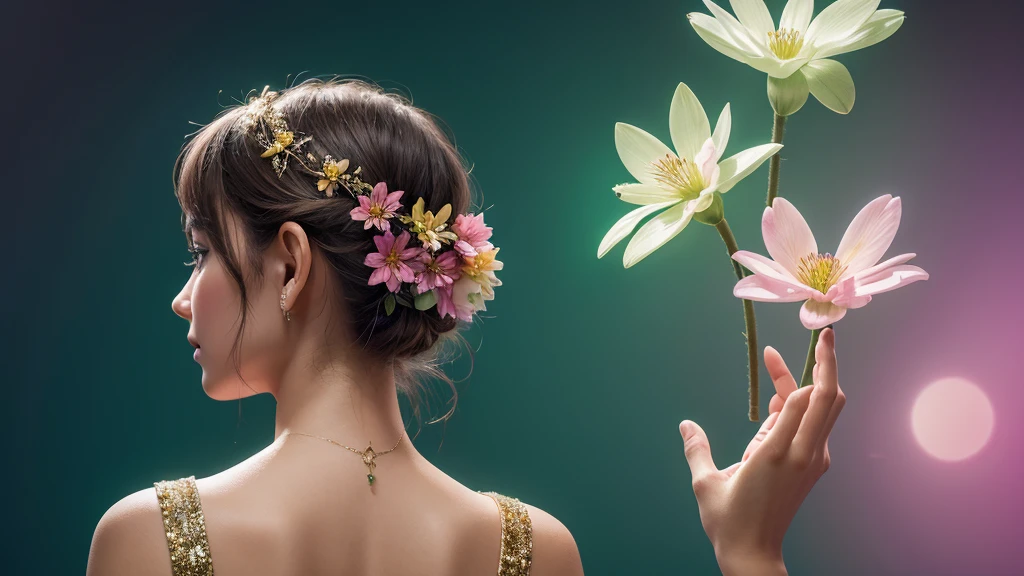 Create a hyper realistic image of a stylized beautiful young girl facing back adorned with colorful hologram colour  intricate flower. The figure should have an elegant pose, with one hand reaching towards the flower. The color palette should be soft and pastel-like, with a focus on pinks, golds, and greens to give a luxurious and ethereal feel. ultra HD 64k hyperrealism studio lightning light reflection