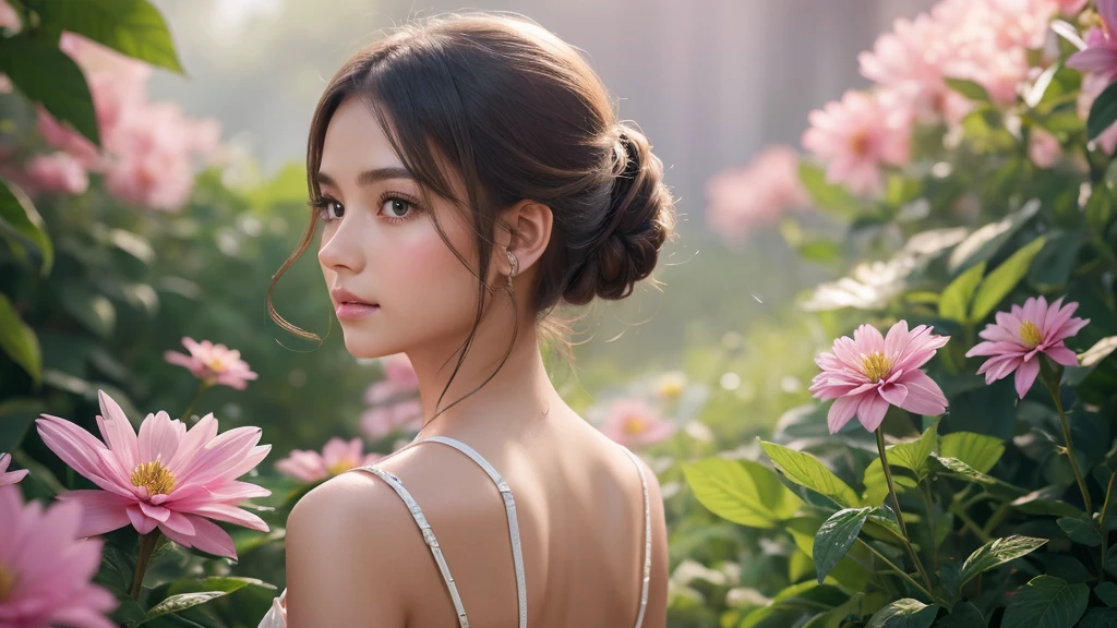 Create a hyper realistic image of a stylized beautiful young girl facing back adorned with colorful hologram colour intricate flower. The figure should have an elegant pose, with one hand reaching towards the flower. The color palette should be soft and pastel-like, with a focus on pinks, golds, and greens to give a luxurious and ethereal feel. ultra HD 64k hyperrealism studio lightning light reflection