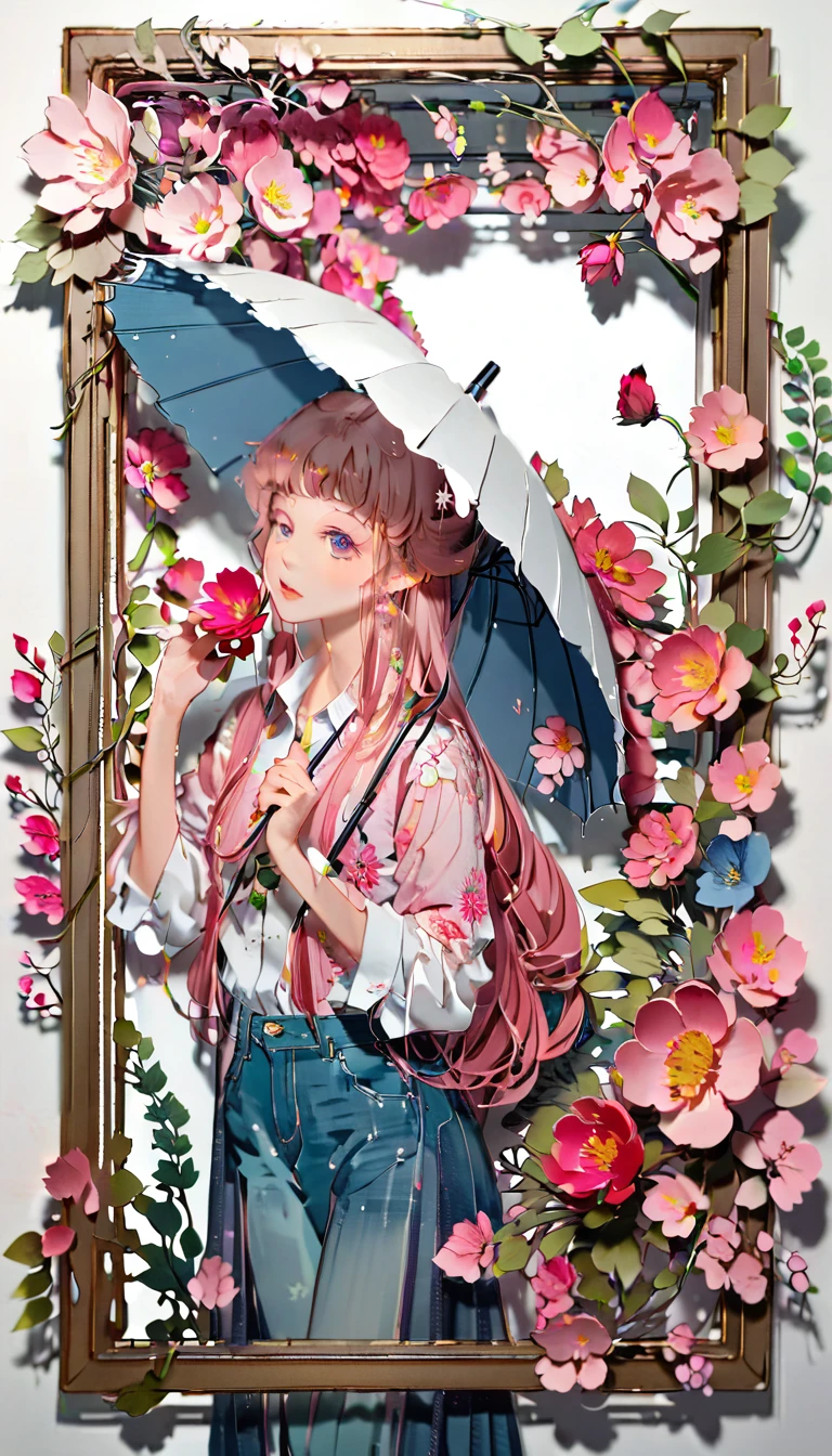 (((paper cutting style))), (frame of illustration is 3D paper cutting: 1.2), (denim and shirts), (pink long hair), (random angle), (random pose), 1 girl, umbrella, flower