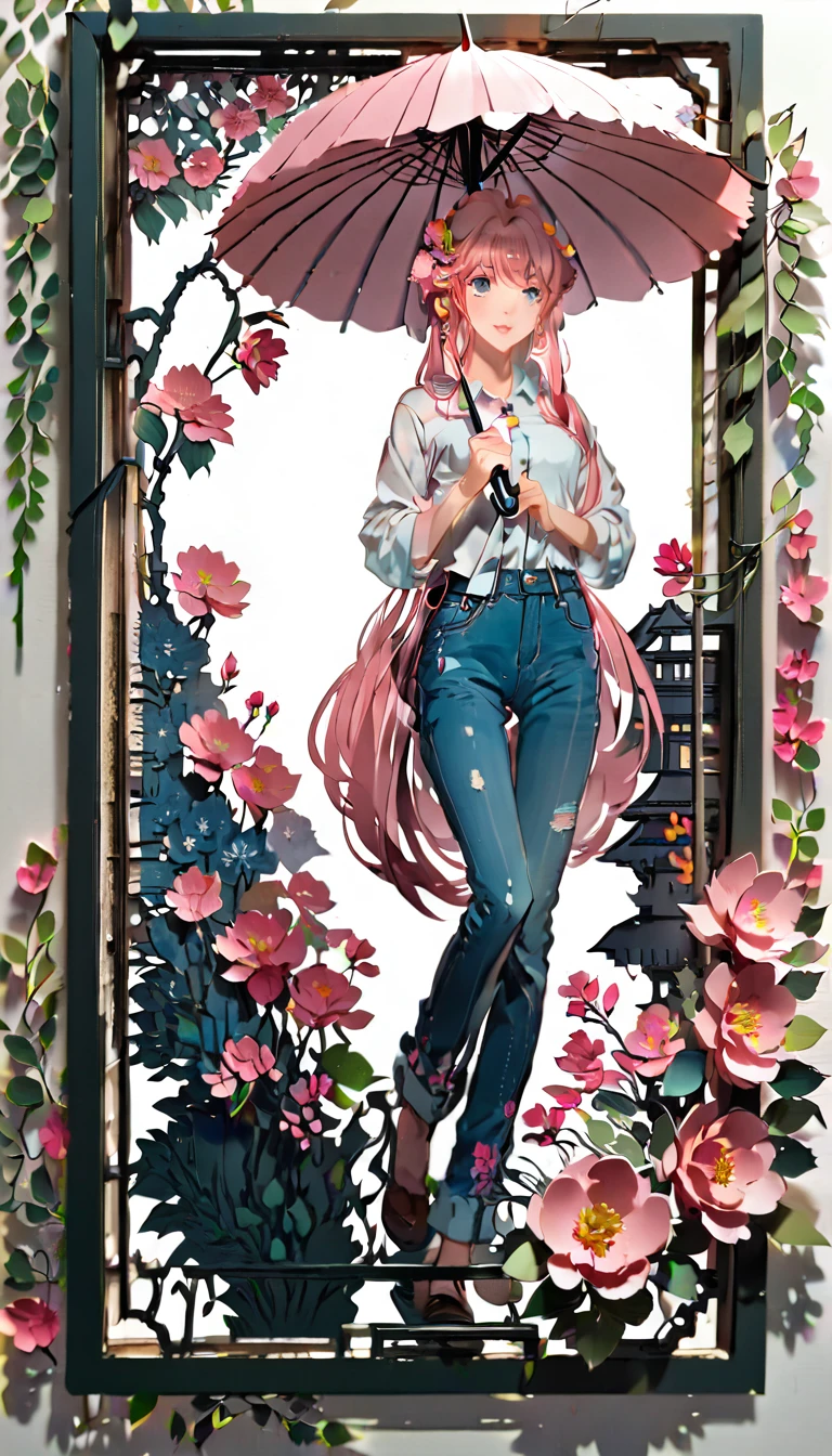 (((paper cutting style))), (frame of illustration is 3D paper cutting: 1.2), (denim and shirts), (pink long hair), (random angle), (random pose), 1 girl, umbrella, flower