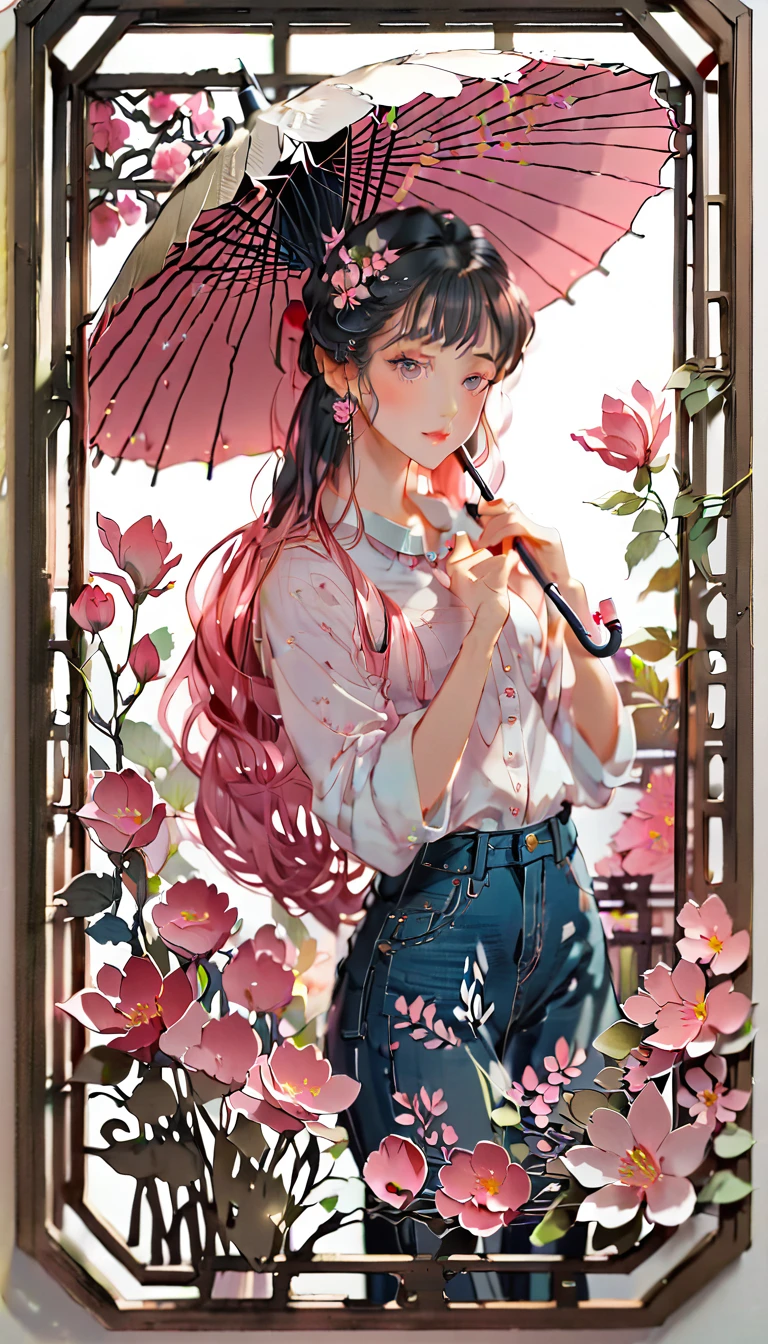 (((paper cutting style))), (frame of illustration is 3D paper cutting: 1.2), (denim and shirts), (pink long hair), (random angle), (random pose), 1 girl, umbrella, flower