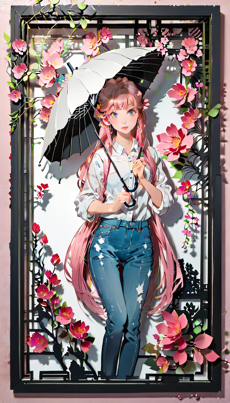 (((paper cutting style))), (frame of illustration is 3D paper cutting: 1.2), (denim and shirts), (pink long hair), (random angle), (random pose), 1 girl, umbrella, flower