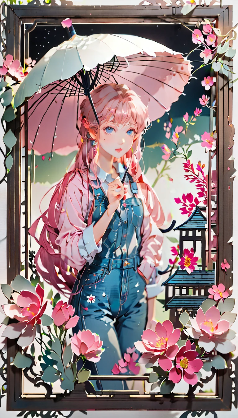 (((paper cutting style))), (frame of illustration is 3D paper cutting: 1.2), (denim and shirts), (pink long hair), (random angle), (random pose), 1 girl, umbrella, flower