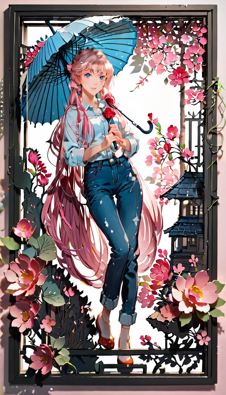 (((paper cutting style))), (frame of illustration is 3D paper cutting: 1.2), (denim and shirts), (pink long hair), (random angle), (random pose), 1 girl, umbrella, flower