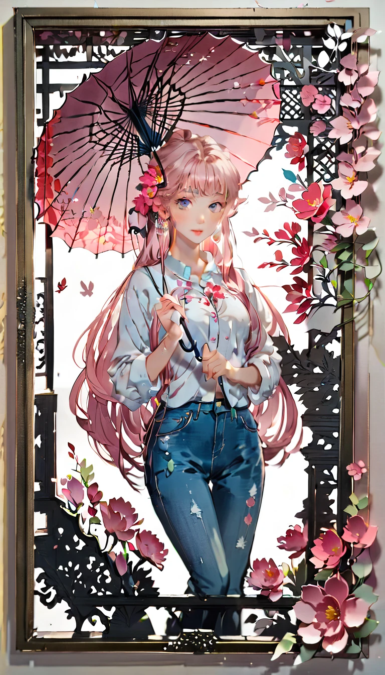 (((paper cutting style))), (frame of illustration is 3D paper cutting: 1.2), (denim and shirts), (pink long hair), (random angle), (random pose), 1 girl, umbrella, flower