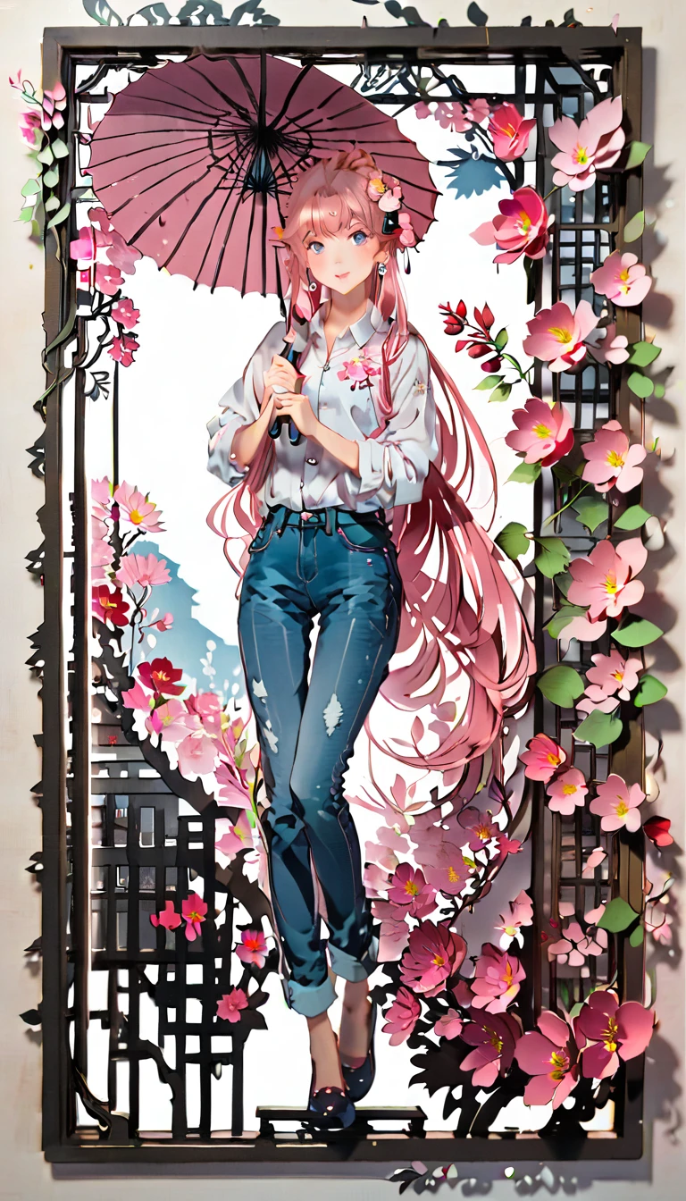 (((paper cutting style))), (frame of illustration is 3D paper cutting: 1.2), (denim and shirts), (pink long hair), (random angle), (random pose), 1 girl, umbrella, flower