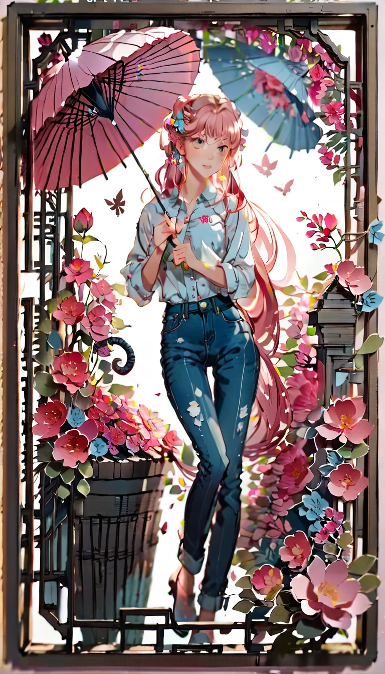 (((paper cutting style))), (frame of illustration is 3D paper cutting: 1.2), (denim and shirts), (pink long hair), (random angle), (random pose), 1 girl, umbrella, flower