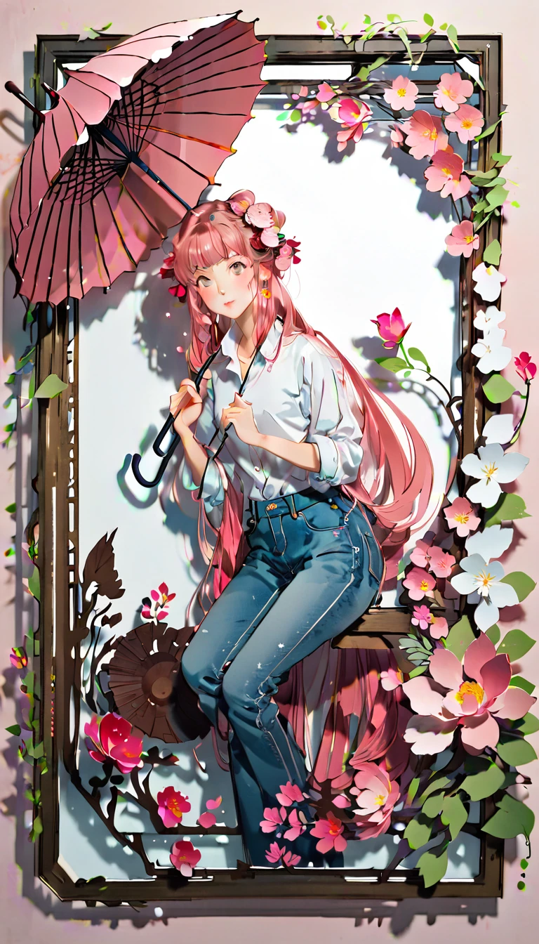 (((paper cutting style))), (frame of illustration is 3D paper cutting: 1.2), (denim and shirts), (pink long hair), (random angle), (random pose), 1 girl, umbrella, flower