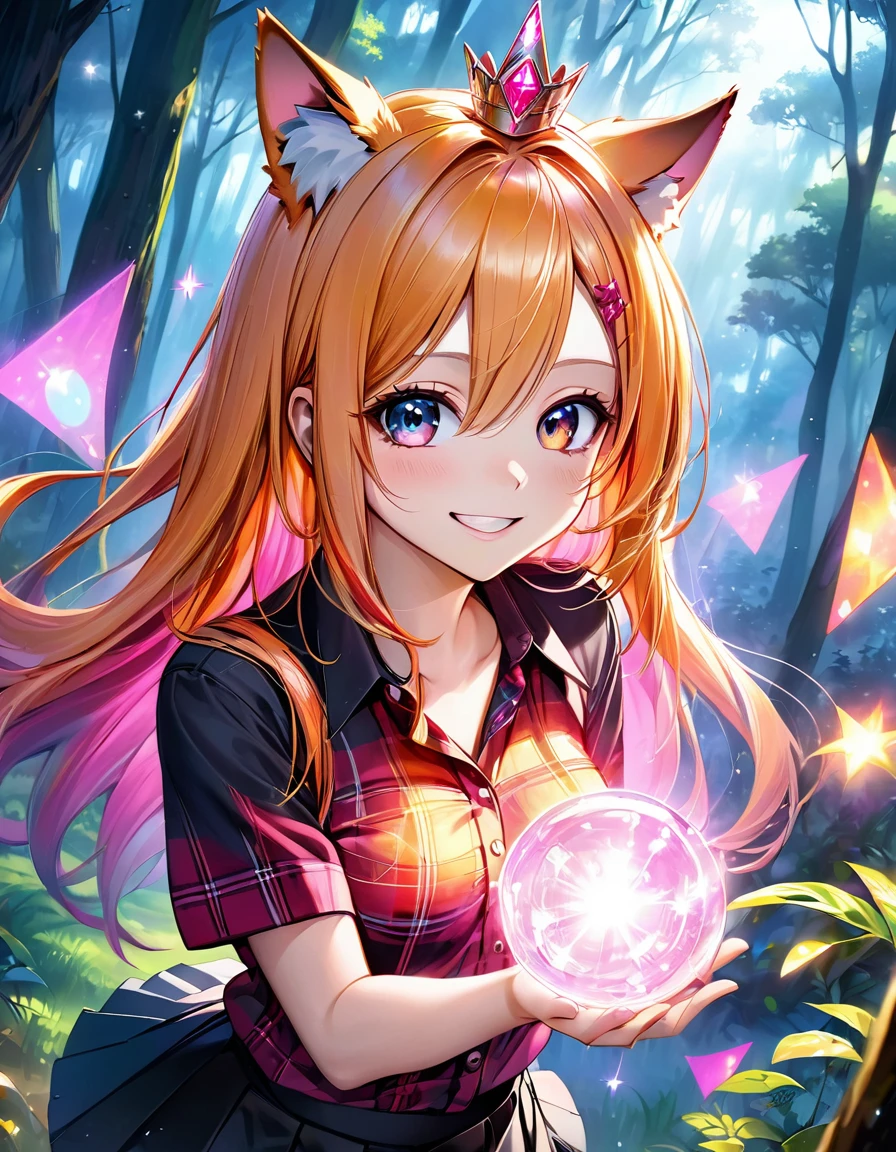 High angle view of an exuberant girl avril Lavigne sexy comcom asas pink neon brilhantes, her espetado com gel cut orange hair adorned with shiny bangs and eyes sparkling with red magic, smile revealing the joy of her soul, wearing a flannel shirt and skirt, her head crowned with playful wolf ears, standing amidst an enchantingly mystical forest, envision this scene as anime created in the style of a digital oil painting, lights gently seeping through the cinematic mist and splayed across this eth