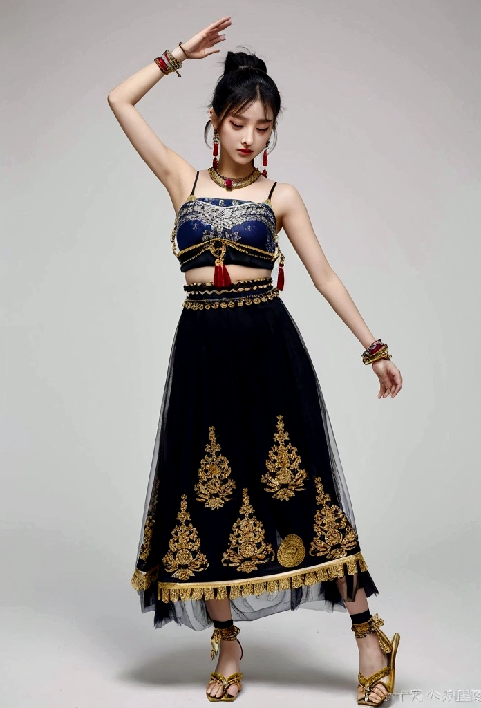 Chinese Beauty ,full-body shot, front。Gorgeous clothing with exquisite embroidery, Flowing tulle, Long transparent colored ribbon tied around the arm, Inspired by the Dunhuang Flying Apsaras murals, Show your belly button, Bare shoulders, bare neck, Black curly hair,High bun,Hairpin with flowers, Ribbon on armband, wreath, bracelet, Anklets, Metal chain tassels at waist, Mogao Grottoes Art, Ink Painting, cgstation pop music,Chinese dance