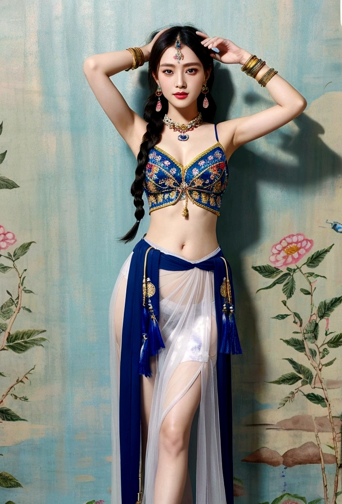 Chinese Beauty ,full-body shot, front。Gorgeous clothing with exquisite embroidery, Flowing tulle, Long transparent colored ribbon tied around the arm, Inspired by the Dunhuang Flying Apsaras murals, Show your belly button, Bare shoulders, bare neck, Black curly hair，High bun，Hairpin with flowers, Ribbon on armband, wreath, bracelet, Anklets, Metal chain tassels at waist, Mogao Grottoes Art, Ink Painting, cgstation pop music，Chinese dance