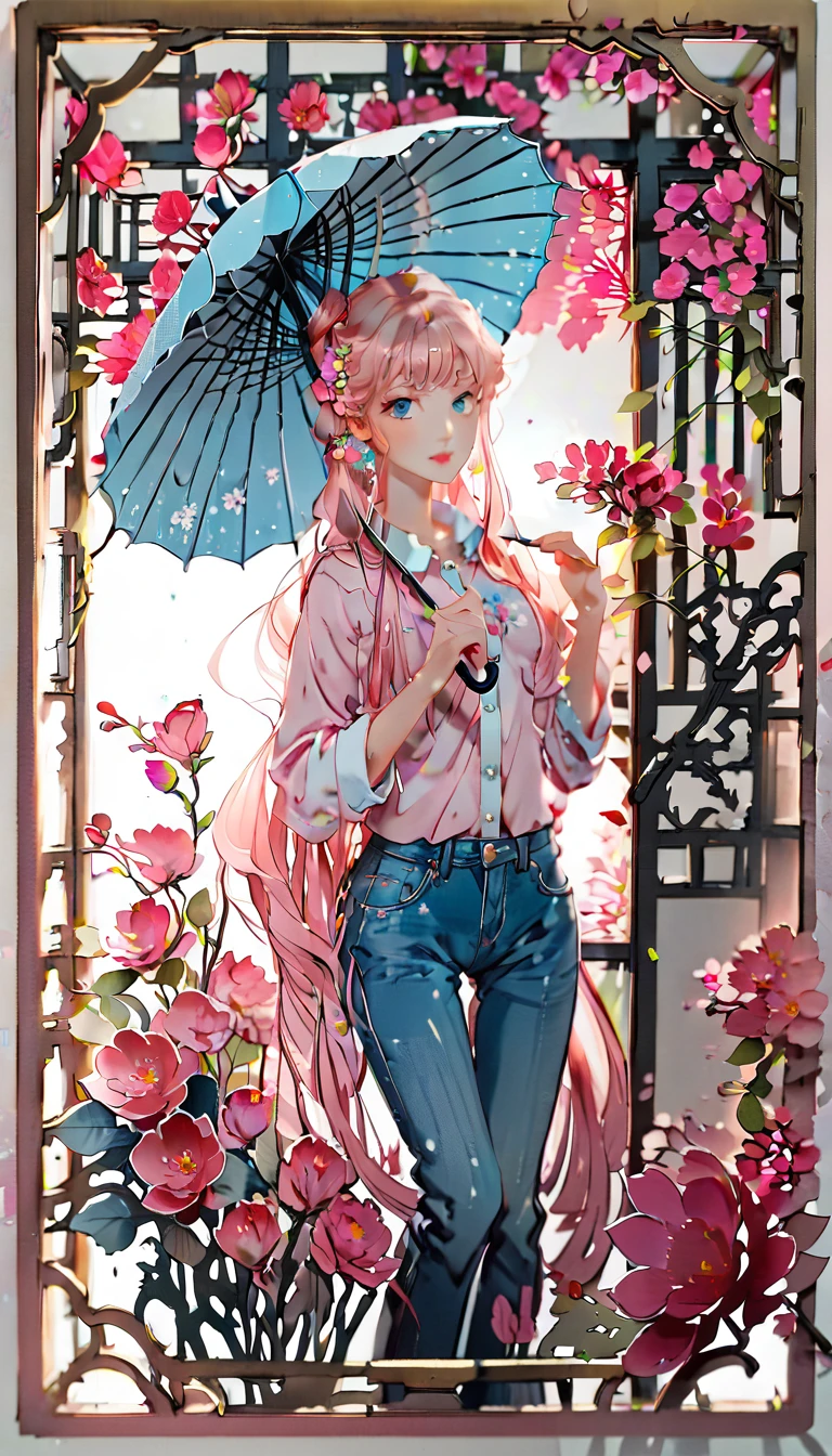 (((paper cutting style))), (frame of illustration is 3D paper cutting: 1.2), (denim and shirts), (pink long hair), (random angle), (random pose), 1 girl, umbrella, flower
