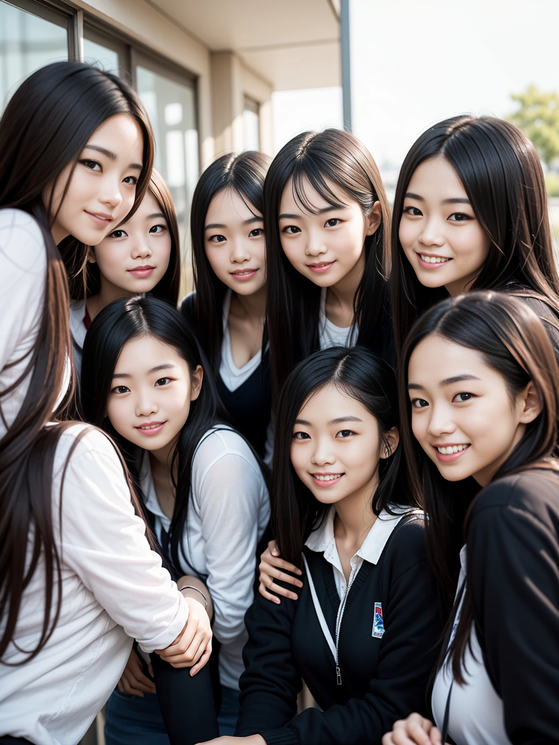 Group of five female students standing in a row、smile、Women's dormitory、Jersey、slender、Are thin、Blonde、Brown Hair、Black Hair、Huge boobs、Cleavage、Daytime、String Panties Thighs Thighs、Spread your legs wide、Short sleeve white shirt、Sexy、adultery、Amorous、Nipples