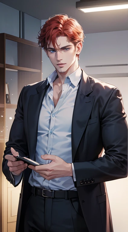 (best quality, masterpiece, 8K, photorealistic, cinematic lighting, 1:4 hdr image, ultra detailed, beautiful image), a mature man, 34 years very handsome, ((cold expression)), short red hair, blue eyes, face perfect without mistakes, ((buttoning his jacket, CEO))