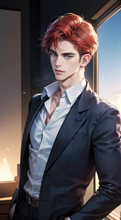 (best quality, masterpiece, 8K, photorealistic, cinematic lighting, 1:4 hdr image, ultra detailed, beautiful image), a mature man, 34 years very handsome, ((cold expression)), short red hair, blue eyes, face perfect without mistakes, ((buttoning his jacket, CEO))