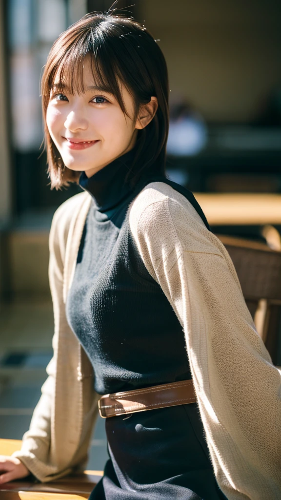 (Highest quality,masterpiece:1.3,Ultra-high resolution),(Very detailed,Caustics,8K),(Realistic:1.4,RAW shooting),Cafe,Counter seats,Chair,Coffee cup,20-year-old,cute,1 Girl,Black Short Hair,Turtleneck sweater,big ,Long skirt,Smiling and looking at the camera,Chairに座る,Side Shot,landscape,Bust up shot,Soft Light,Professional Writing,Face Focus,Face close-up、
