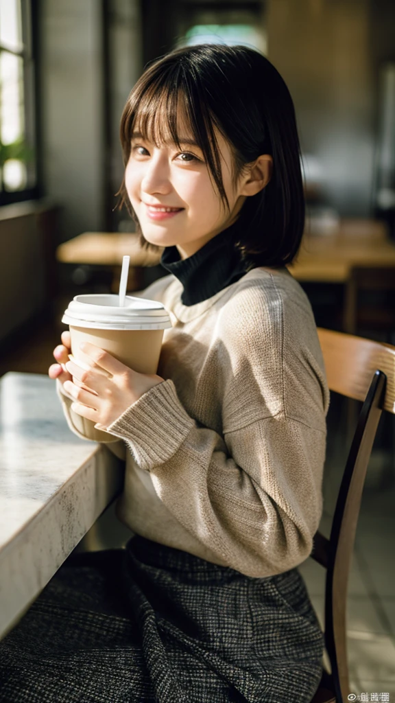 (Highest quality,masterpiece:1.3,Ultra-high resolution),(Very detailed,Caustics,8K),(Realistic:1.4,RAW shooting),Cafe,Counter seats,Chair,Coffee cup,20-year-old,cute,1 Girl,Black Short Hair,Turtleneck sweater,big ,Long skirt,Smiling and looking at the camera,Chairに座る,Side Shot,landscape,Bust up shot,Soft Light,Professional Writing,Face Focus,Face close-up、