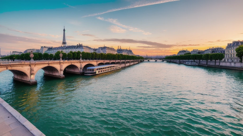 RAW photo of a landscape, small details, photorealistic, ultra-realistic photo, 8k uhd, dslr, soft lighting, high quality, film grain, Fujifilm XT3, (masterpiece), vibrant, urban landscape featuring the Seine River flowing through Paris at sunset. The river is lined with iconic landmarks such as the Eiffel Tower, Grande Mosquée de Paris, and ornate bridges like Pont Alexandre III. The sky is painted with hues of teal and orange as the sun sets, casting a warm glow over the cityscape. City lights begin to twinkle, reflecting off the water's surface alongside the colorful sky, creating a stunning, vibrant scene. Boats, including Bateaux Mouches, can be seen clearly of its texture on the river, and pedestrians stroll along the quais, enjoying the beauty of the vibrant teal and orange sunset in the heart of Paris.