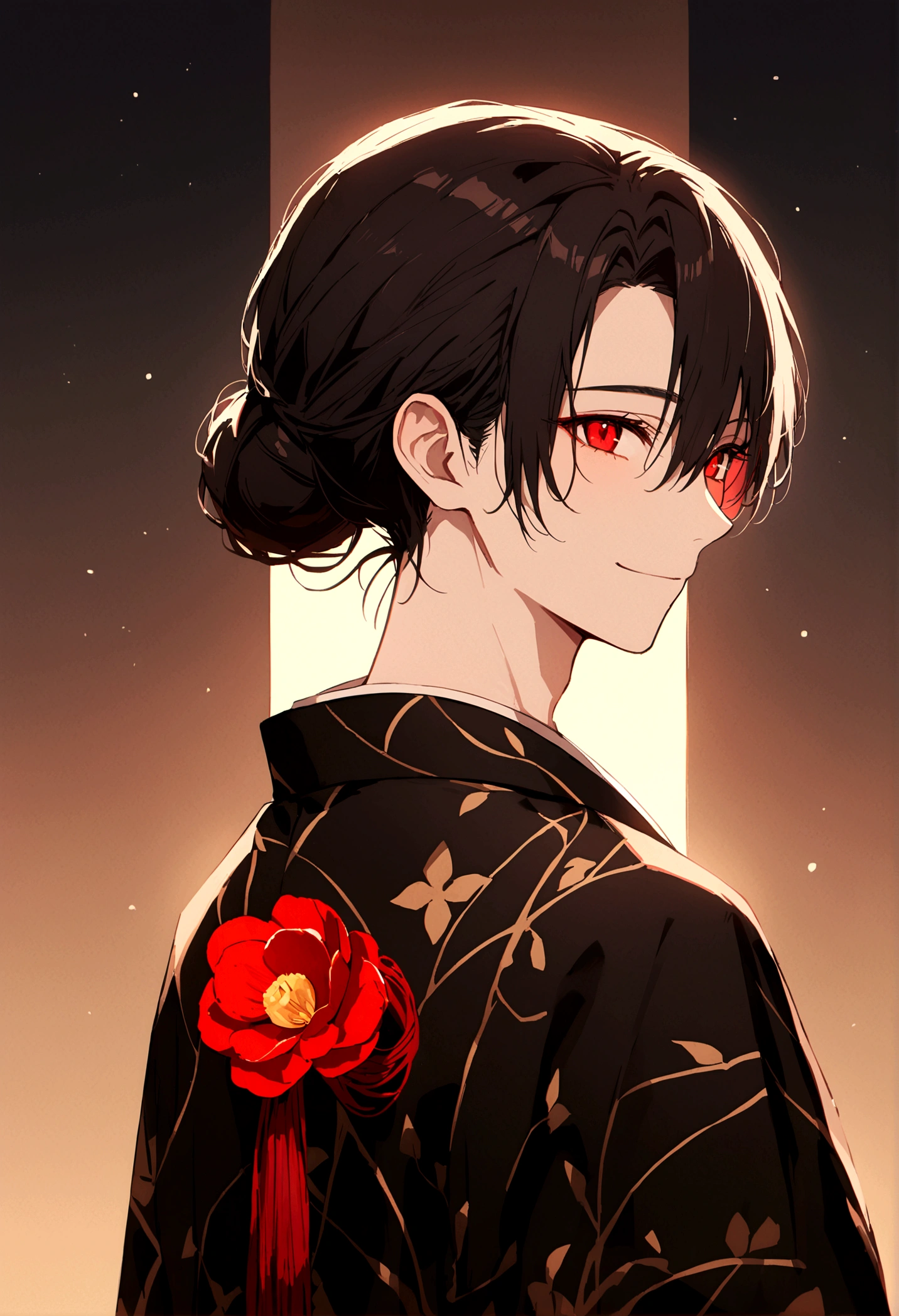 ((Red eyes))、引きつけるRed Eyes、smile、Crimson Eyes、Beautiful man、1 person、neutral、Black Hair、(Red Eyes)、Kimono with camellia pattern、smile、The nape is a little long、Serene atmosphere、beautiful、Are standing、ephemeral、front、 High resolution, Super detailed,