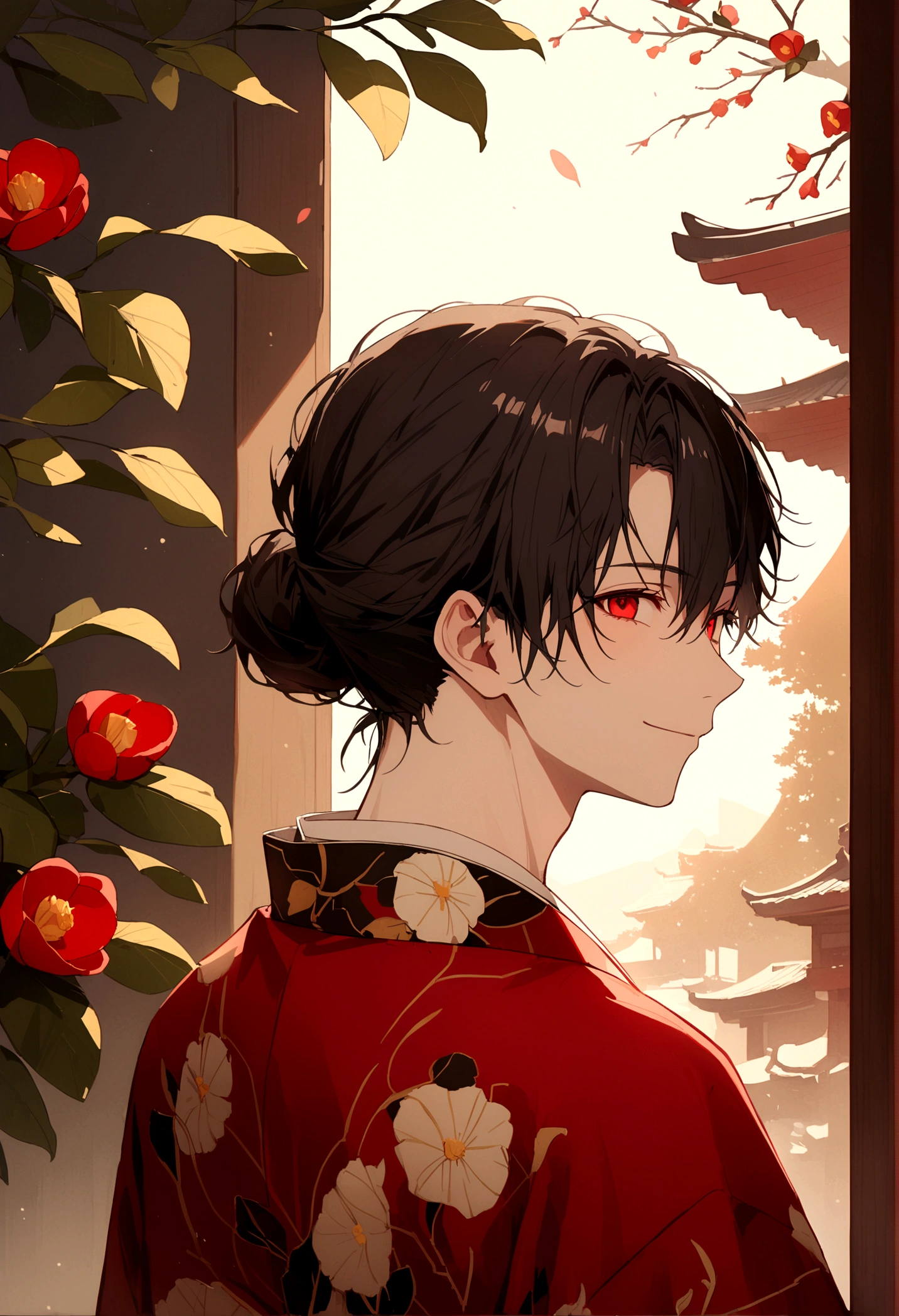 ((Red eyes))、引きつけるRed Eyes、smile、Crimson Eyes、Beautiful man、1 person、neutral、Black Hair、(Red Eyes)、Kimono with camellia pattern、smile、The nape is a little long、Serene atmosphere、beautiful、Are standing、ephemeral、front、 High resolution, Super detailed,