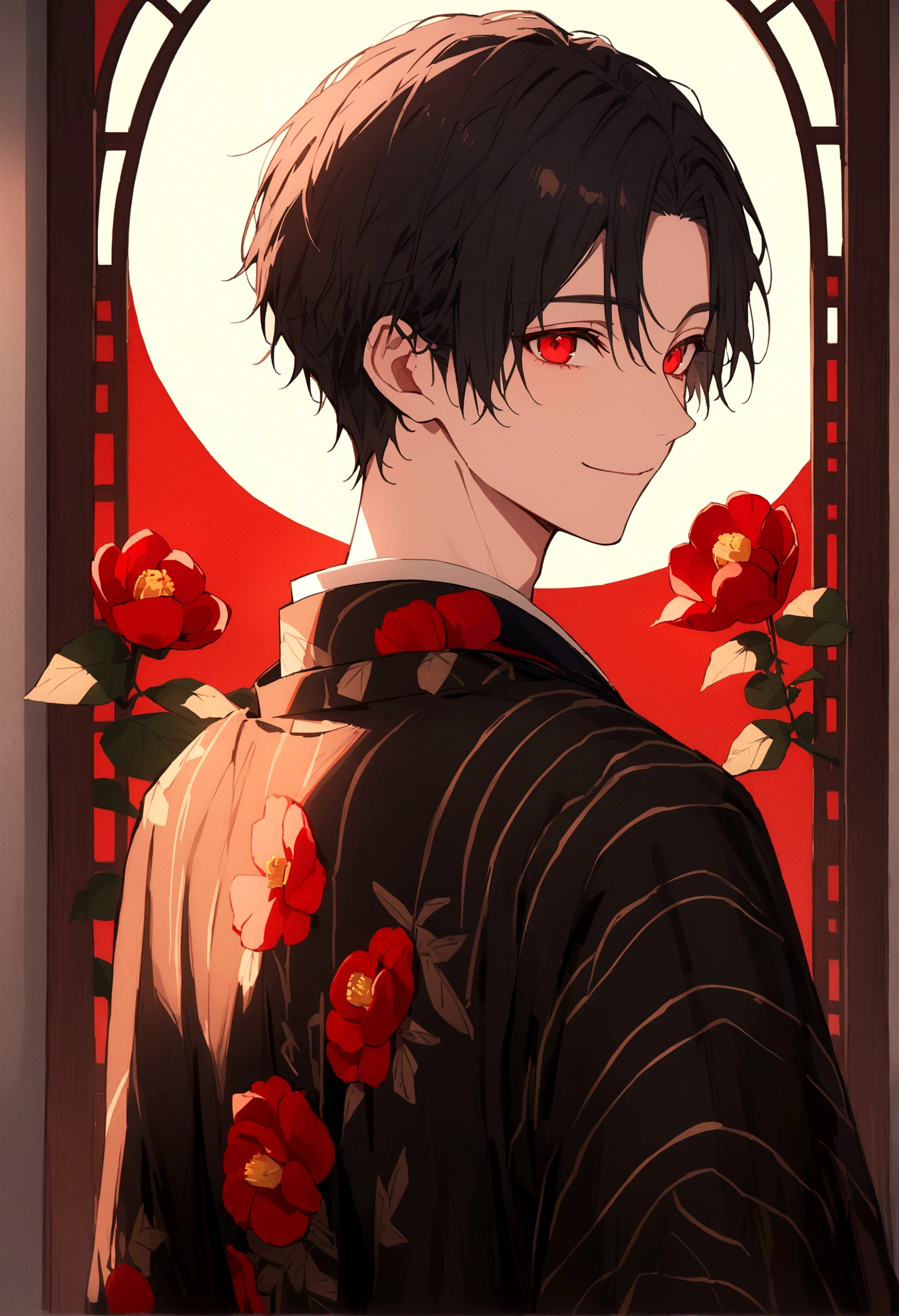 ((Red eyes))、引きつけるRed Eyes、smile、Crimson Eyes、Beautiful man、1 person、neutral、Black Hair、(Red Eyes)、Kimono with camellia pattern、smile、The nape is a little long、Serene atmosphere、beautiful、Are standing、ephemeral、front、 High resolution, Super detailed,