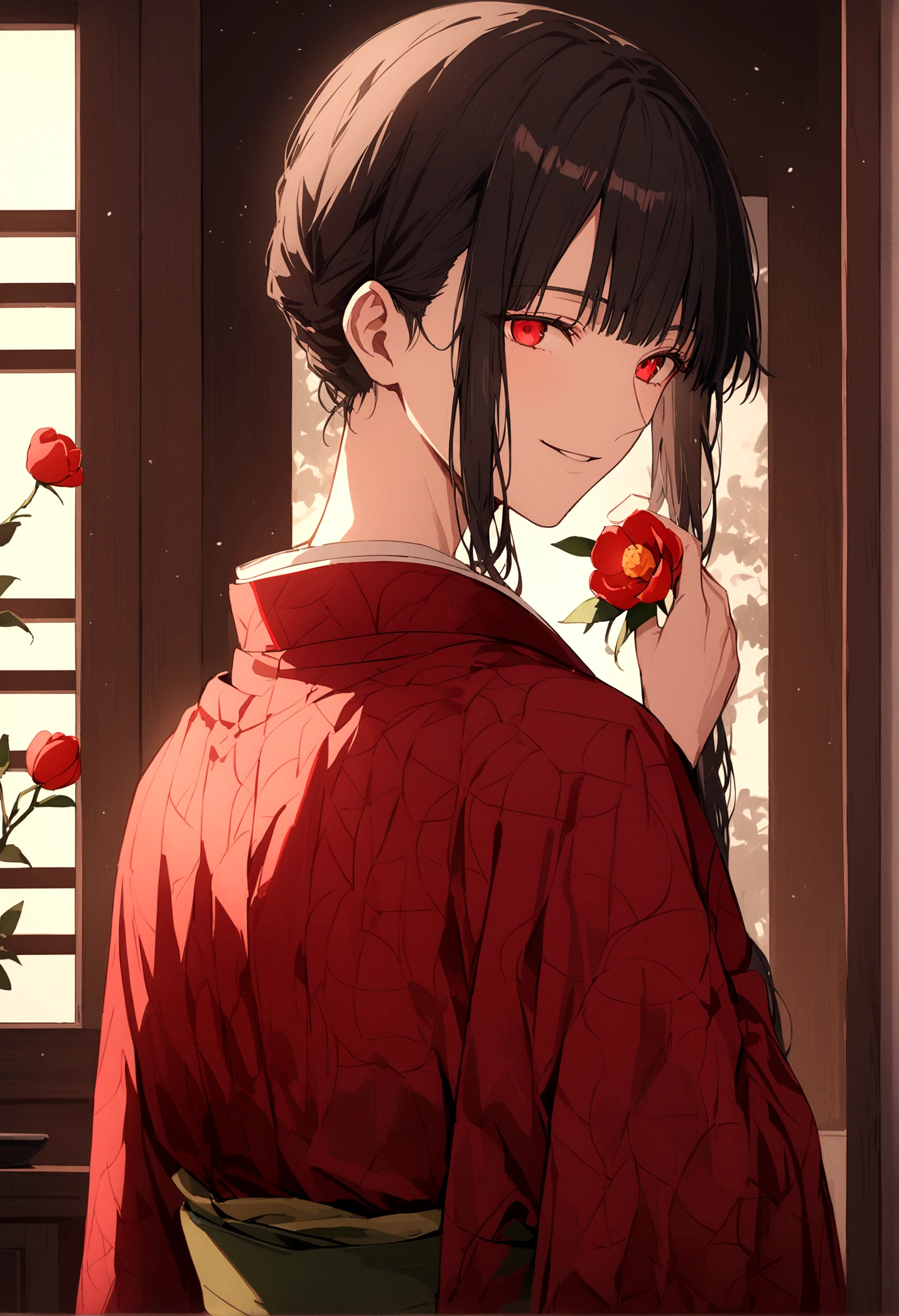 ((Red eyes))、引きつけるRed Eyes、smile、Crimson Eyes、Beautiful man、1 person、neutral、Black Hair、(Red Eyes)、Kimono with camellia pattern、smile、The nape is a little long、Serene atmosphere、beautiful、Are standing、ephemeral、front、 High resolution, Super detailed,