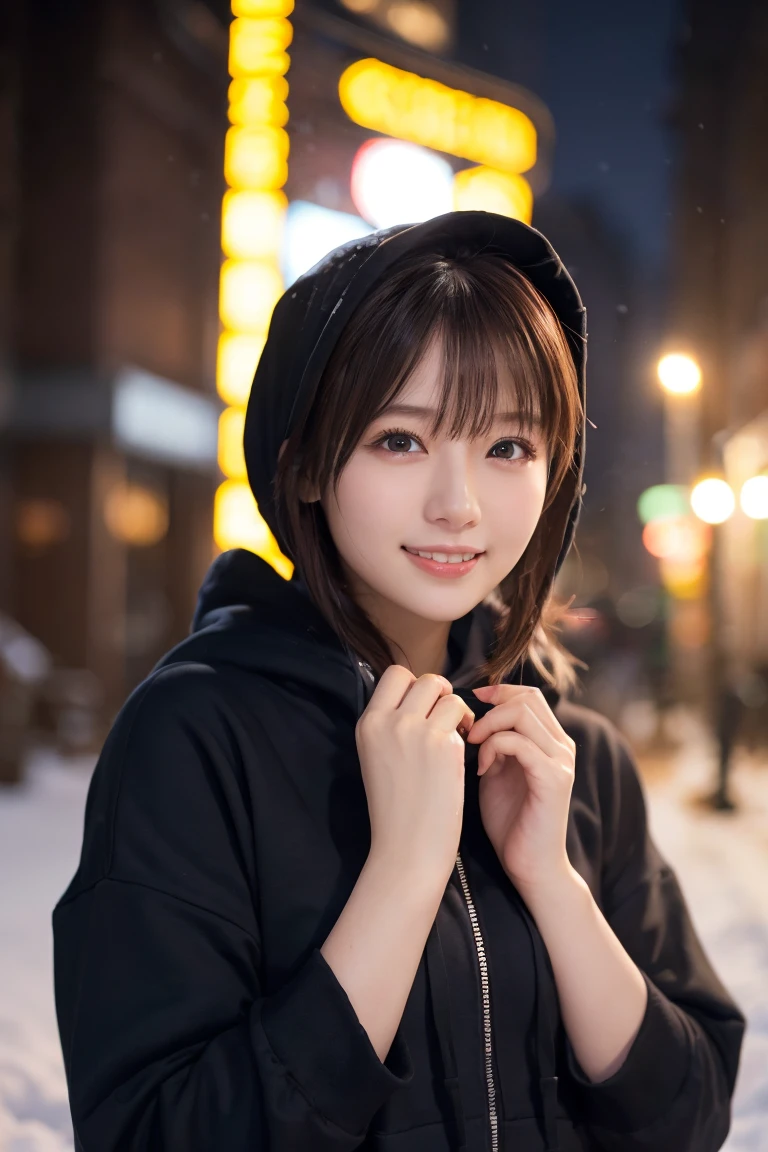 Best-quality, Masterpiece, Ultra-High-Resolution, (Photorealistic:1.4), Raw-Photo, 1girl, 15-years-old, the most famous Japanese idol, at midnight street, wearing only luxurious-hoodie, innocent smile, extremely cute face like the most popular Japanese idol, (((extremely beautiful big-black-eyes))), extremely beautiful black-short-cut-haired, extremely beautiful long-eyelashes, extremely beautiful lips, extremely beautiful skins