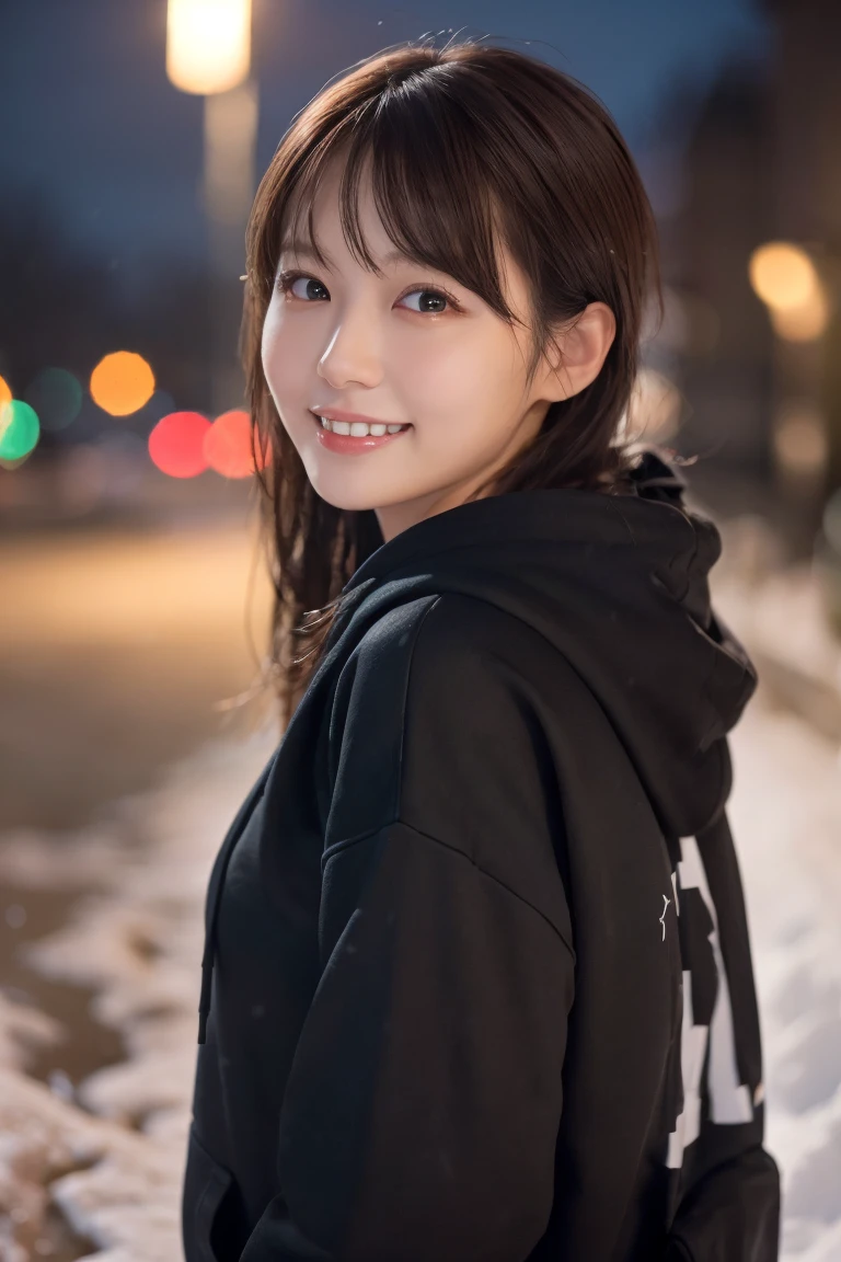 1 Girl, (Wear a black hoodie:1.2), (RAW Photos, highest qualthaty), (Realistic, Realistic:1.4), Tabletop, Very delicate and beautiful, Very detailed, 2k wallpaper, wonderful, finely, Very detailed CG Unthaty 8K 壁紙, Very detailed, High resolution, Soft Light, Beautiful detailed girl, Very detailed目と顔, Beautiful and sophisticated nose, finelyて美しい目, Cinema Lighting, Illuminations that light up the cthaty on a snowy night, Snow Scene, that&#39;that&#39;that&#39;it&#39;s snowing, Snow fell in my hair, Perfect Anatomy, Slender body, Was nervous, 
Straight semi-long hair, bangs, Looking at the audience, smile、Fluffy scarf