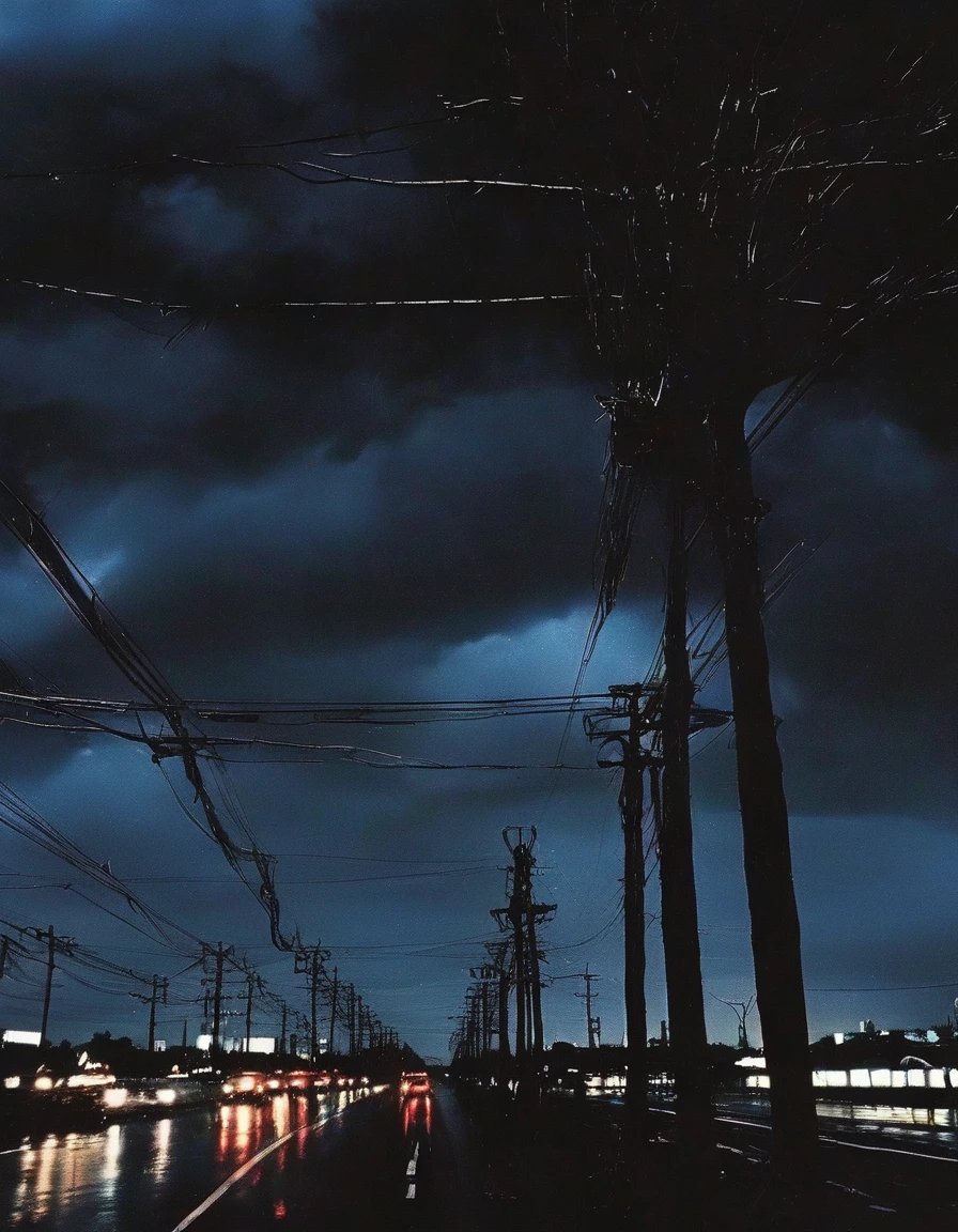 rain, giant black clouds, giant lighting, electric pole with many electric cables in bangkok at night