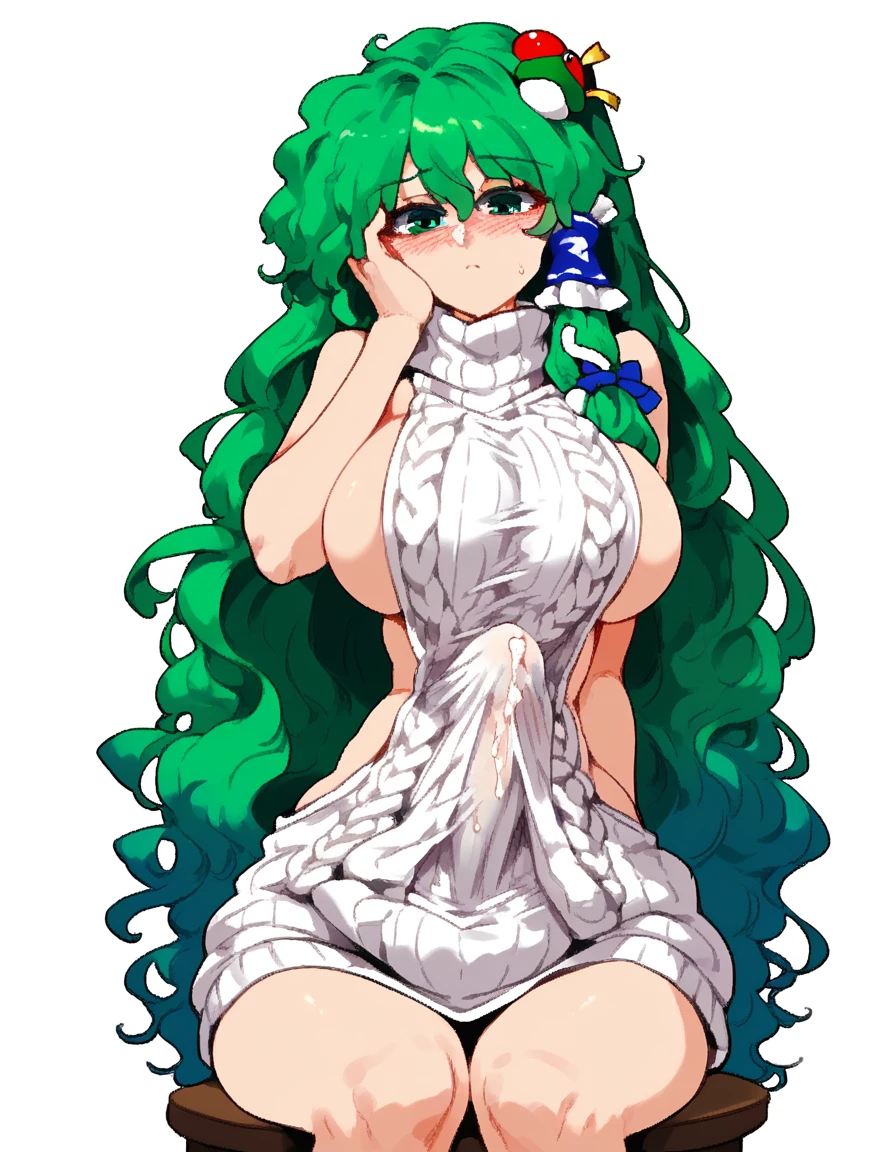 Expressive, score_9, score_8_up, score_9_up, Touhou, masterpiece, high quality, highly detailed, 1girl, kochiya sanae, solo, green hair, long hair, green eyes, long hair, big breasts, blush, round breasts,,,,,, frog hair ornament, hair tubes, snake hair ornament,,,, thin waist, sit on stool, white background,, virgin killer sweater, futanari, big penis under clothes, cum, she covering own face with hands