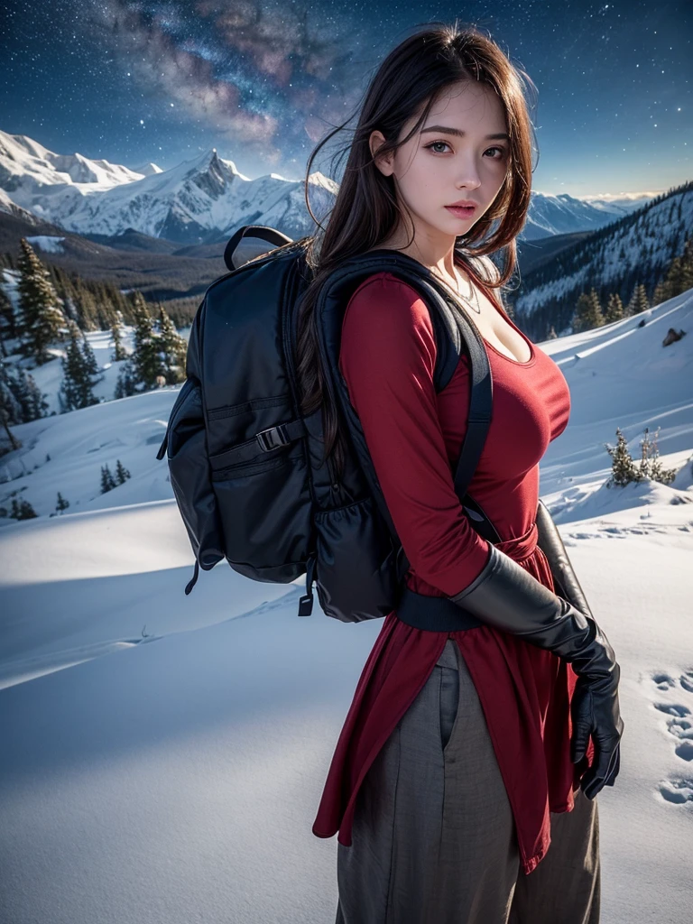 ((masterpiece)), super detailed, highly detailed, 16k, high resolution, ((kaukus beautifull girl)), ((red dress and white tanktop), (huge round breast), manhwa body, fit body, perfect eyes, pale skin, fair skin, perfect skin, ((outdoor)), at night, ultra-delicate face, delicate eyes, double eyelids, half smile, Realistic, beautiful and delicate photo, ((war clothes, gloves, armor jacket, war backpack)), in snow mountain, heterosexual, braless, standing, ((night time, night sky, low light, darkness, dark night)), cold expression, cold pose, front view, ((Wide-leg linen pants)), snow forest and cloudy mountain background,