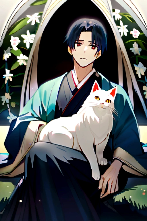 a handsome man who looks like a white fox who has red eyes,blue hair and wearing Japanese clothes, sitting together with a beautiful brown-eyed girl with long black hair, who looks like a cat,they were in the meadow flower garden