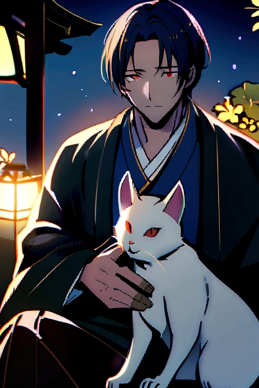 a handsome man who looks like a white fox who has red eyes,blue hair and wearing Japanese clothes, sitting together with a beautiful brown-eyed girl with long black hair, who looks like a cat,they were in the meadow flower garden