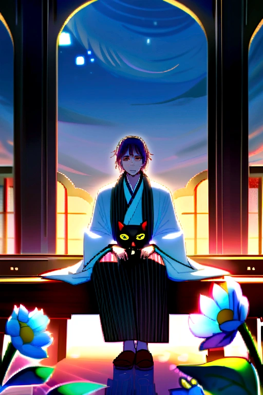 a handsome man who looks like a white fox who has red eyes,blue hair and wearing Japanese clothes, sitting together with a beautiful brown-eyed girl with long black hair, who looks like a cat,they were in the meadow flower garden