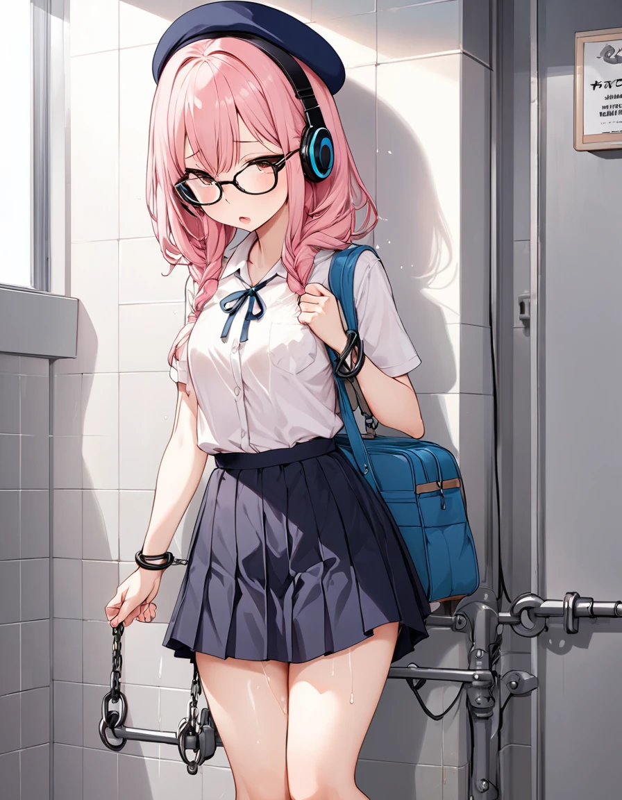 BREAK Perfect Anatomy、Highest quality、(cute:1.1)、(cute)、(High resolution:1.2)、Unbelievably absurd:1.3、Incredible illustrations、(cuteイラスト:1.2)、nsfw,(Beautiful background、Public toilet、1girl(Pink hair、Very Long、beret、Cotton shirt、Check skirt、school bag、Glasses、Headphones,height 1.2meters, slim 25kg,shackles,restrained)((((vulgarity))))( Sex preparation:1.2、suspended congress),pussy juice:1.2,