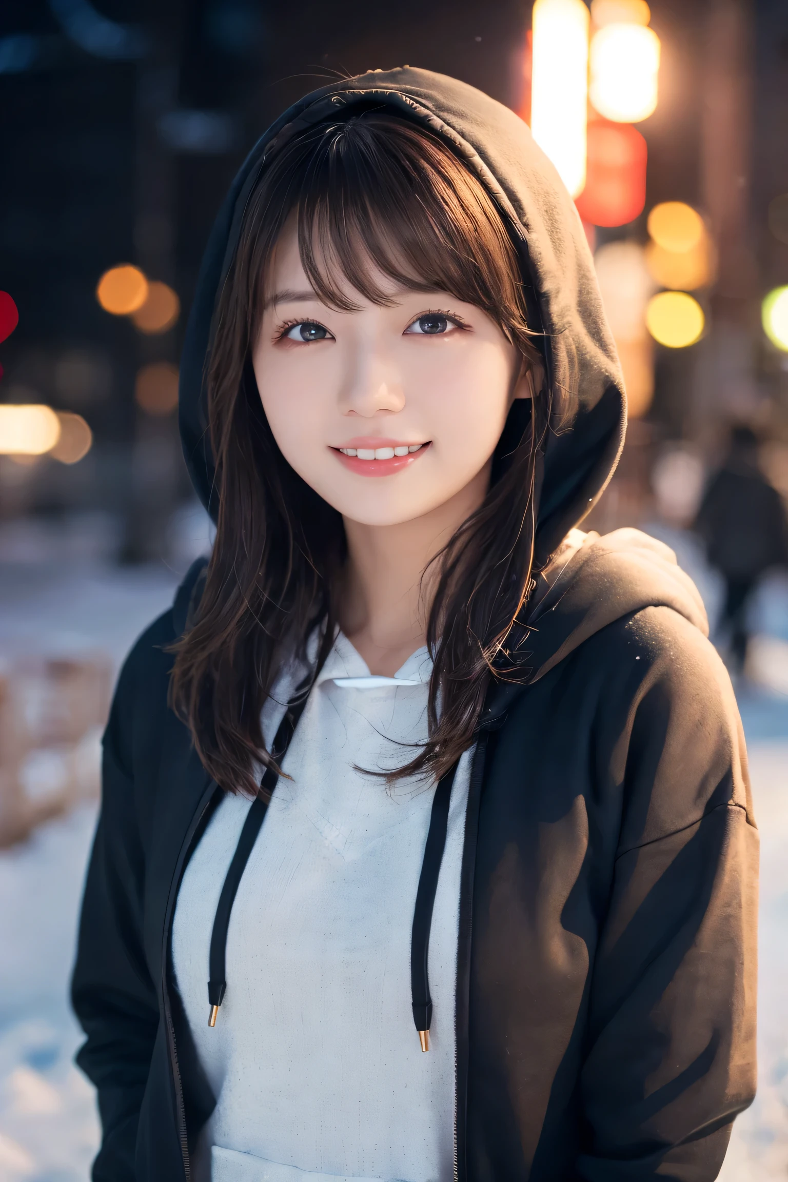 1 Girl, (Wear a black hoodie:1.2), (RAW Photos, highest qualthaty), (Realistic, Realistic:1.4), Tabletop, Very delicate and beautiful, Very detailed, 2k wallpaper, wonderful, finely, Very detailed CG Unthaty 8K wallpaper, Very detailed, High resolution, Soft Light, Beautiful detailed girl, Very detailed目と顔, Beautiful and sophisticated nose, Finely beautiful eyes, Cinema Lighting, Illuminations that light up the cthaty on a snowy night, Snow Scene, that&#39;that&#39;that&#39;it&#39;s snowing, Snow fell in my hair, Perfect Anatomy, Slender body, Was nervous, 
Straight semi-long hair, bangs, Looking at the audience, smile、Fluffy scarf