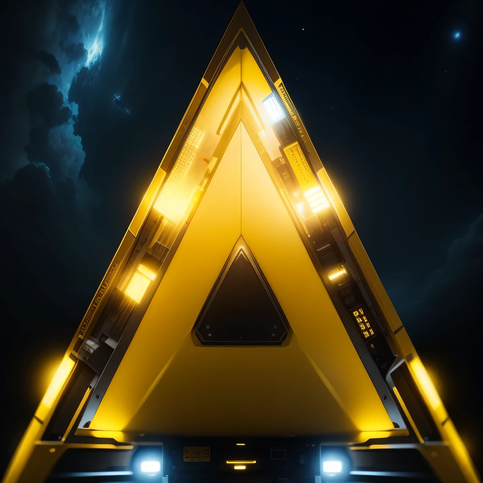 black and yellow coloured lights, yellow colour in the middle, yellow colour in the middle, yellow colour in the middle, triangle shaped spaceship in space, 1080, high resolution, focused every wear