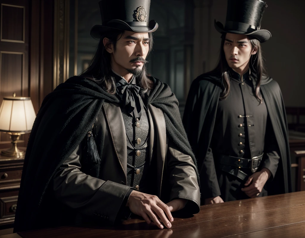 naughty man, Cao Cao, dark brunette, barba, with black cape and top hat, Stately, in a spiritist center talking to several people 