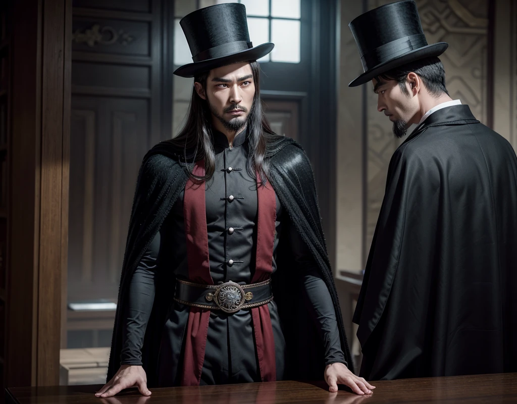 naughty man, Cao Cao, dark brunette, barba, with black cape and top hat, Stately, in a spiritist center talking to several people