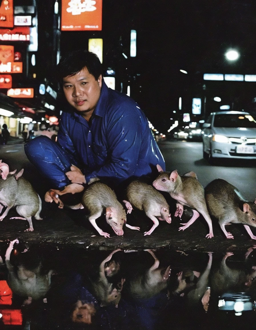 fat tourist with rats on bangkok street at night