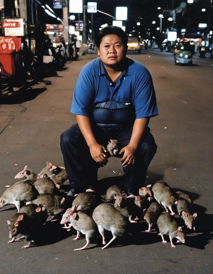 fat tourist with rats on bangkok street at night