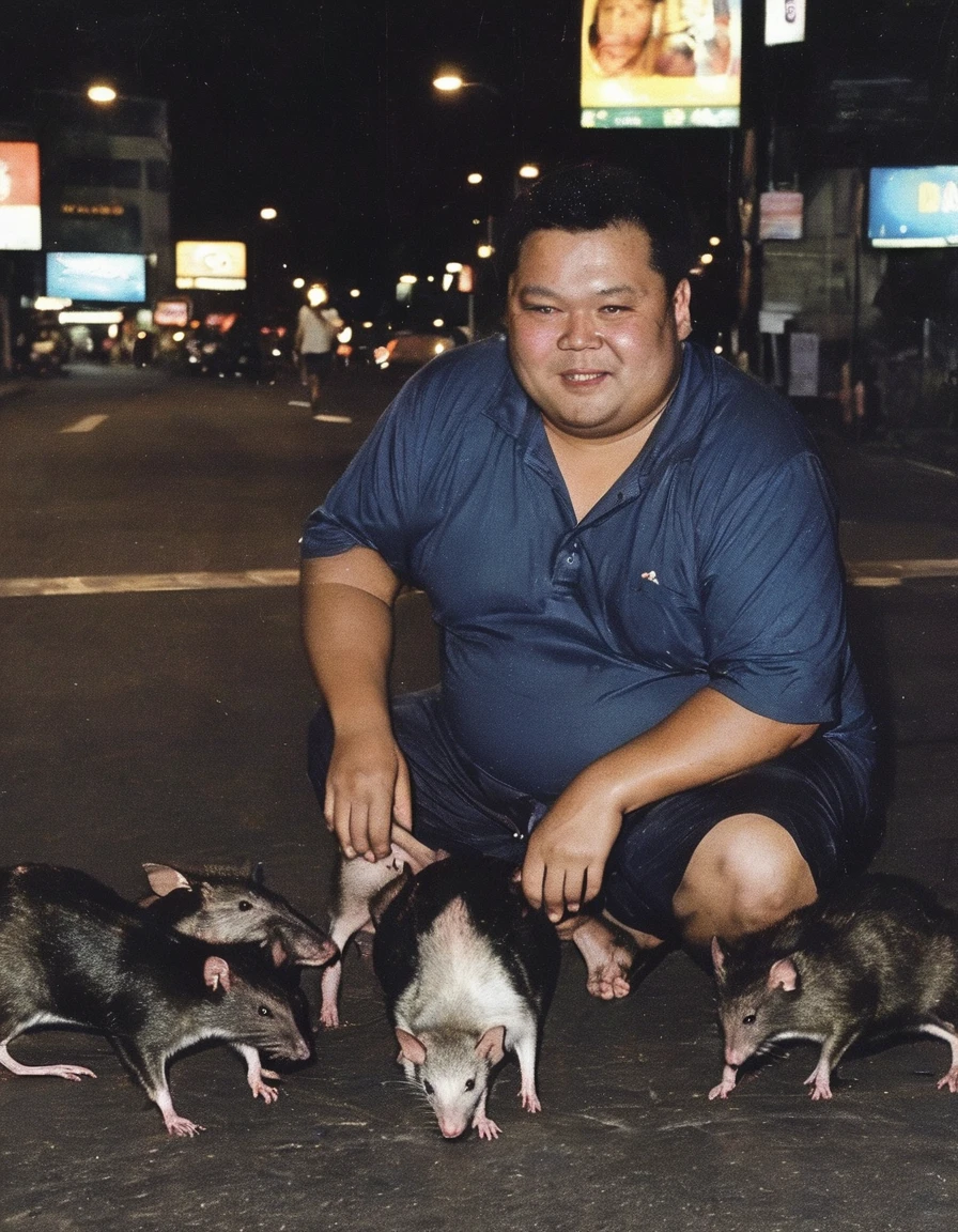 fat tourist with rats on bangkok street at night