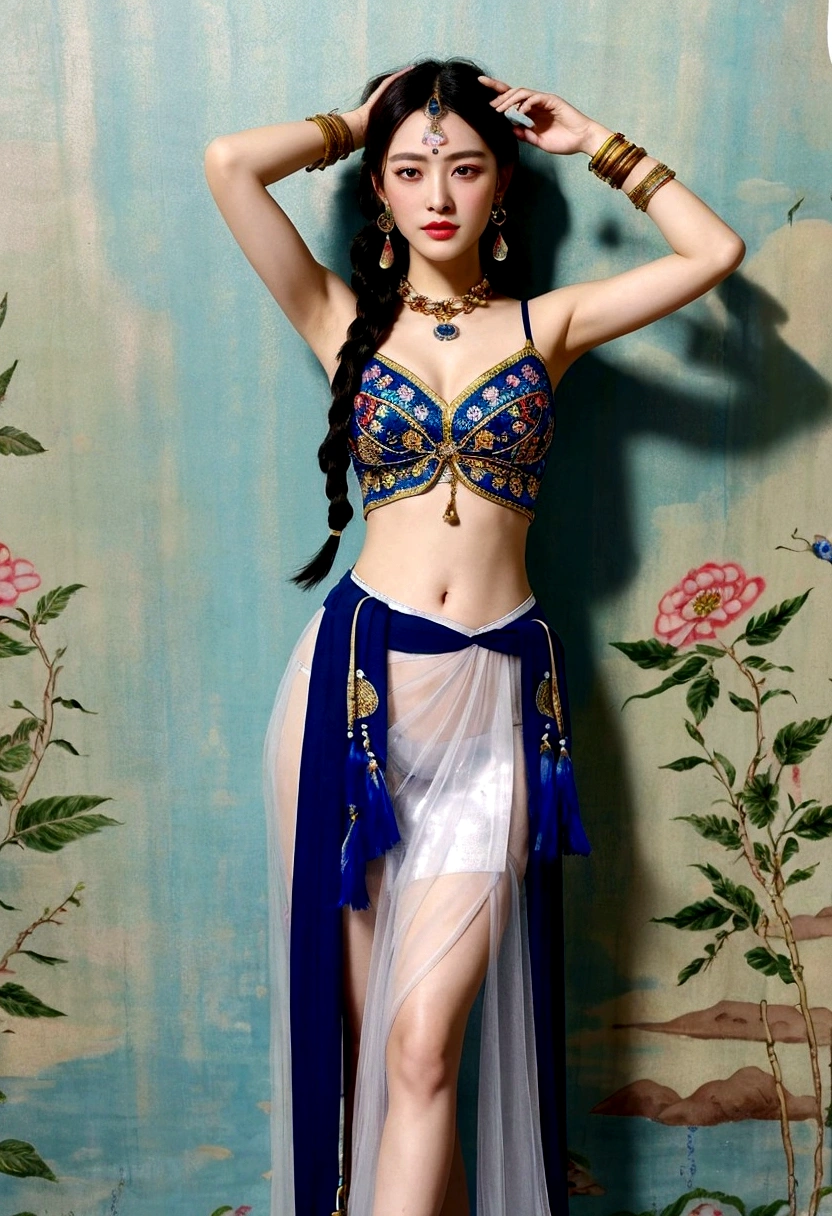 Chinese Beauty ,full-body shot, front。foot,Gorgeous clothing with exquisite embroidery, Flowing tulle, Long transparent colored ribbon tied around the arm, Inspired by the Dunhuang Flying Apsaras murals, Show your belly button, Bare shoulders, bare neck, Black curly hair,High bun,Hairpin with flowers, Ribbon on armband, wreath, bracelet, foot链, Metal chain tassels at waist, Mogao Grottoes Art, Ink Painting, cgstation pop music,Chinese dance
