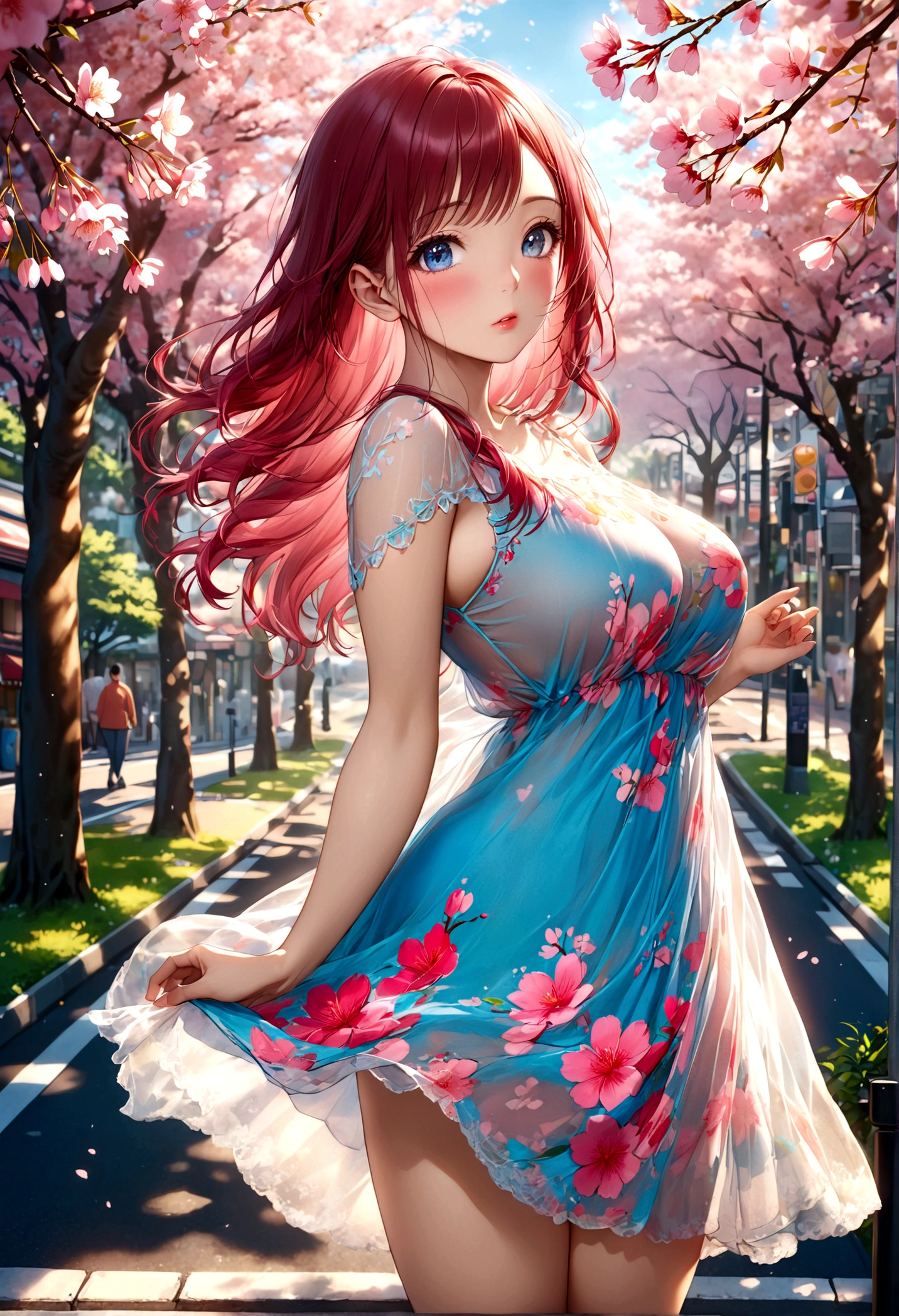 a lovely woman in a sheer brightly colored summer dress, carefree and flirting, low traffic sidewalk in Tokyo, detailed face and body, beautiful detailed eyes, beautiful detailed lips, extremely detailed eyes and face, long eyelashes, masterpiece, photorealistic, 8k, ultra-detailed, vibrant colors, natural lighting, cinematic, hyper-realistic, atmospheric, detailed environment, cherry blossom trees, warm tones, shallow depth of field, dappled sunlight. View from behind. Gentle breeze no panties
