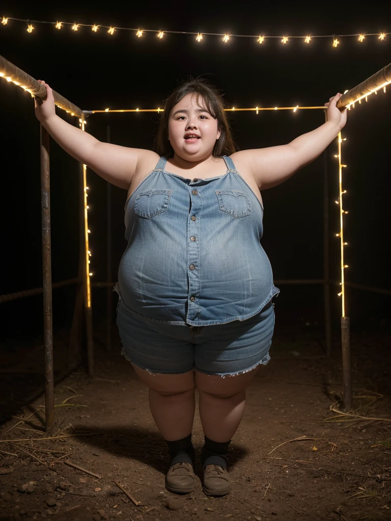 A very fat, obese in an underground prison, looking excited, detailed facial features, (best quality,4k,8k,highres,masterpiece:1.2),ultra-detailed,(realistic,photorealistic,photo-realistic:1.37),HDR,UHD,studio lighting,ultra-fine painting,sharp focus,physically-based rendering,extreme detail description,professional,vivid colors,bokeh,dark and moody atmosphere,cinematic lighting,dramatic shadows,claustrophobic environment,rusty metal bars,stone walls,dirt floor,glowing lights,excited expression,chubby cheeks,double chin,plump body,thick arms and legs