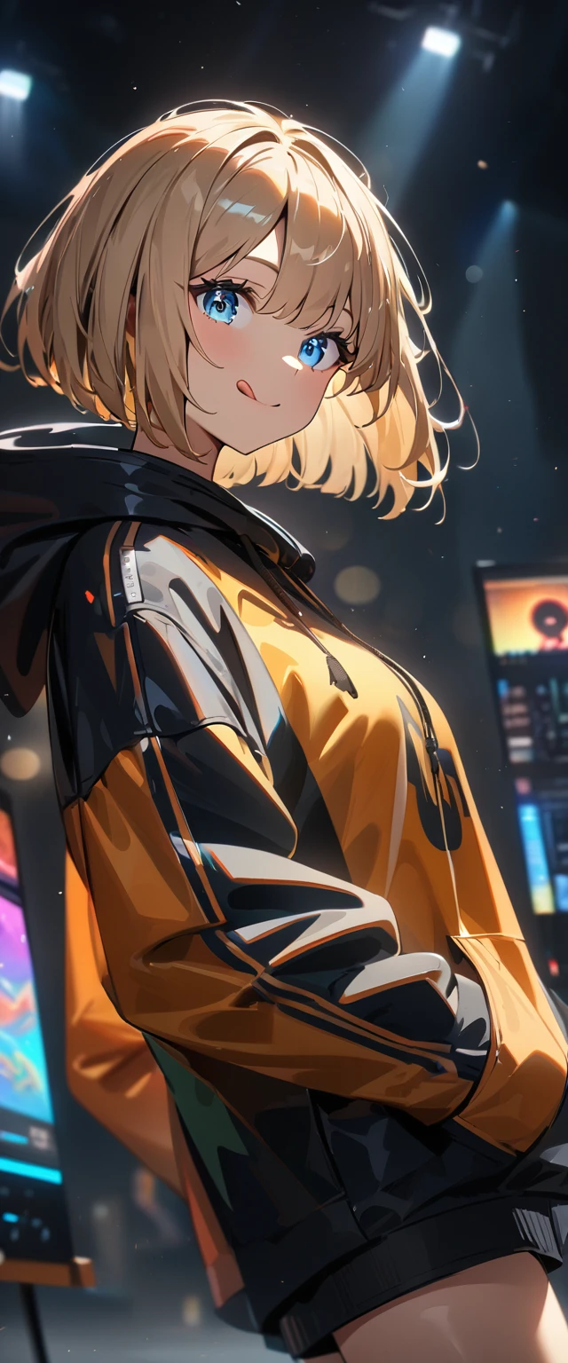 (((One girl))), blond hair, bob cut, (upper body), (looking at viewer), breasts, teenager, head tilt:1.3, (((blue eye))), (from side), hand in pocket, ((happy smile)), tongue out, black hoodie, black shorts, anime style, (best quality, 4k, 8k, highres, masterpiece:1.2, ultra-detailed, ultra-detailed eyes, HDR, UHD, studio lighting, ultra-fine painting, sharp focus, physically-based rendering, extreme detail description, professional, vivid colors, bokeh)