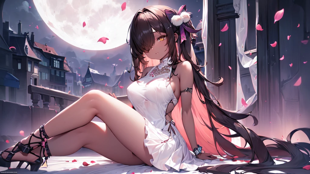 ((((Obra maestra, La mejor calidad, ultrahigh resolution)))), 1girl, sitting,), ((long pure brown hair, hair over eye)), long hair cut, shiny skin, ((golden eyes)), glowing_eyes, neon eyes, (ultra detailed eyes:0.7, beautiful and detailed face, detailed eyes:0.9), ((centered)), smirk, facing viewer, ((vibrant background, dark lighting, summer, sunlight)), large chested, looking at viewer, ((half closed eyes)), ((perfect hands)), (((head:1, arms, hips in view, elbows, legs, in view))), ((hands behind back)), empty eyes, beautiful lighting, ((outside, outdoors)), defined subject, head tilt, (((gritty)), ((creepy)), ((cool)), ((beautiful)), (((SFW))), hair ornament, petals in the air, moon in the sky, city, mature woman, adult woman, sfw, pink and white dress, night dress, she is a princess, gal, dark skin, fullbody